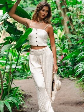 Lotus and Luna Women’s Cream Wide Leg Cotton Gauze Pants Size M (27x29)